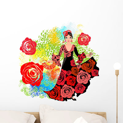 Flamenco Dancer with Roses Wall Decal shown on a wall