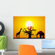Elephant and giraffe with a baobab at sunset Wall Mural