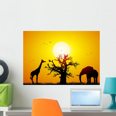Elephant and Giraffe with Wall Mural shown on a wall