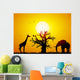 Elephant and giraffe with a baobab at sunset Wall Mural