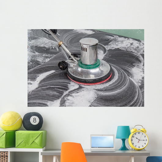 Thai people cleaning black granite floor with machine and chemic Wall Mural