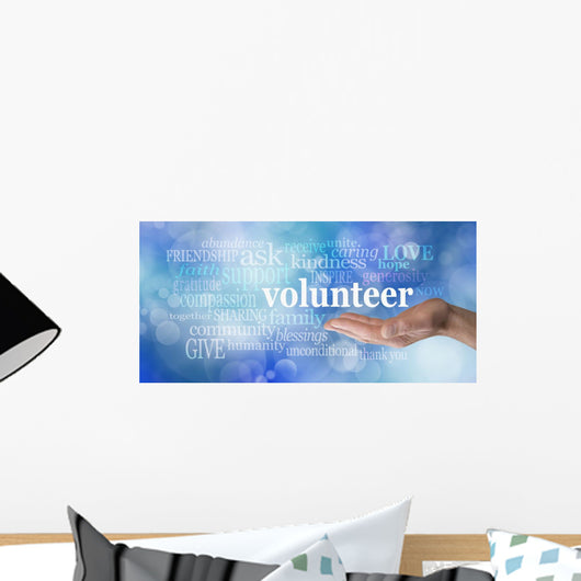 Volunteers needed hand gesture on blue bokeh Wall Mural