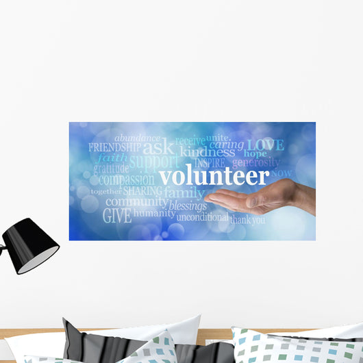 Volunteers needed hand gesture on blue bokeh Wall Mural