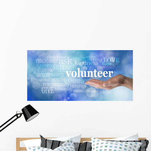 Volunteers needed hand gesture on blue bokeh Wall Mural