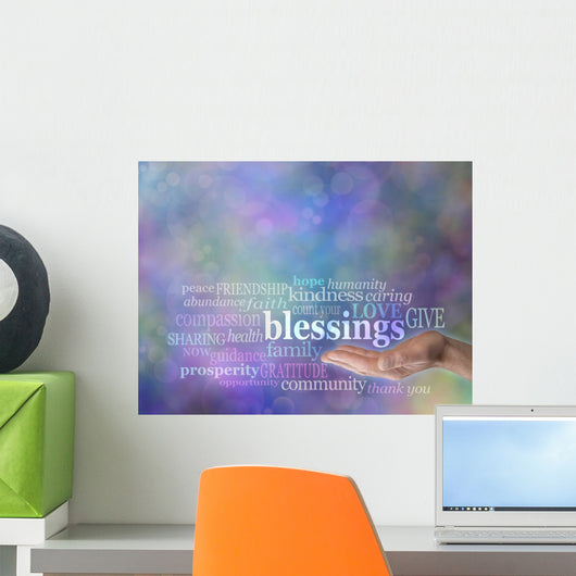 Count Your Blessings Word Cloud on Bokeh Background Wall Mural