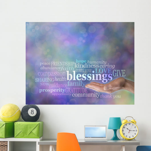 Count Your Blessings Word Cloud on Bokeh Background Wall Mural