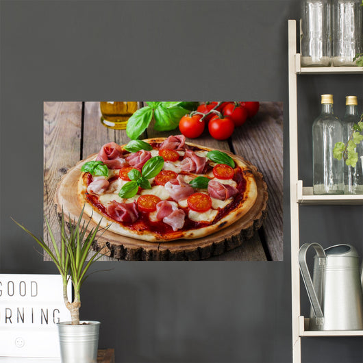 pizza with mozzarella and prosciutto, tomatoes Wall Mural