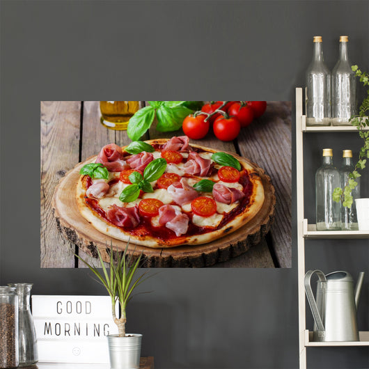pizza with mozzarella and prosciutto, tomatoes Wall Mural