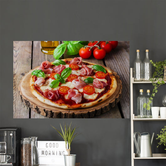 pizza with mozzarella and prosciutto, tomatoes Wall Mural