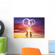 Happy couple in love jump making heart symbol of light Wall Mural