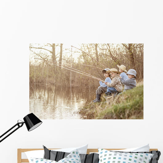 Boys fishing on the lake Wall Mural