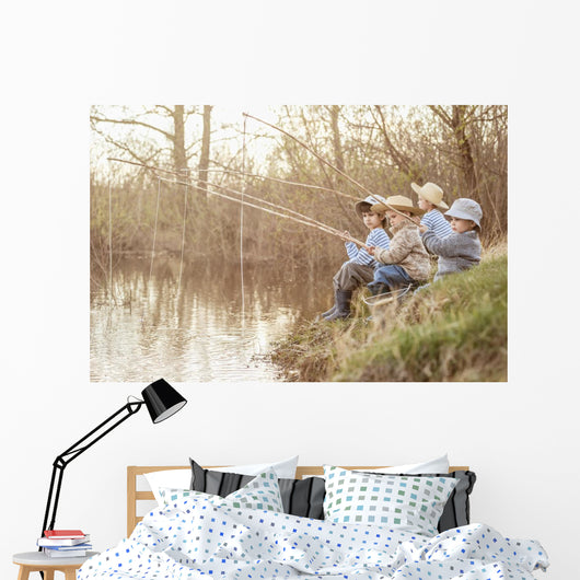 Boys fishing on the lake Wall Mural