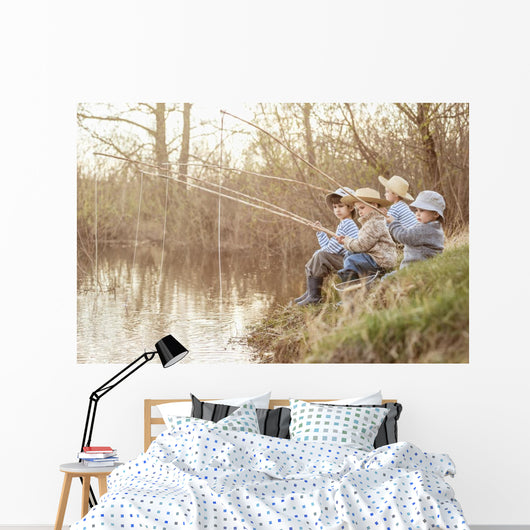 Boys fishing on the lake Wall Mural