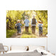 Boys go fishing with fishing rods on a rural street Wall Mural