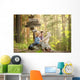 Boys on a forest road with backpacks Wall Mural