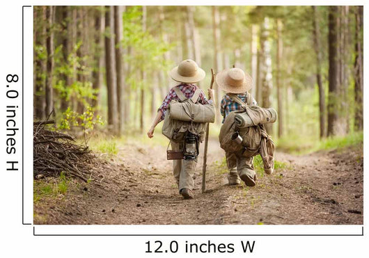 Boys on a forest road with backpacks Wall Mural