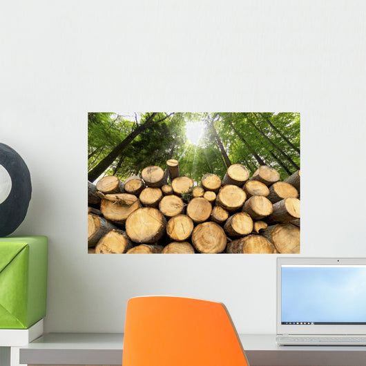 Wooden Logs with Forest Wall Mural