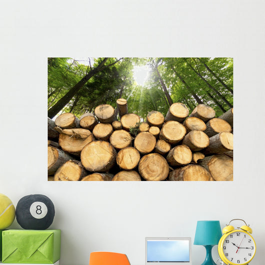 Wooden Logs with Forest Wall Mural