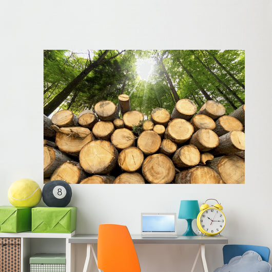 Wooden Logs with Forest Wall Mural