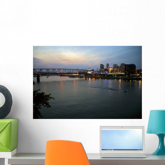 Cincinnati skyline from Newport, KY with riverboat at night. Wall Mural