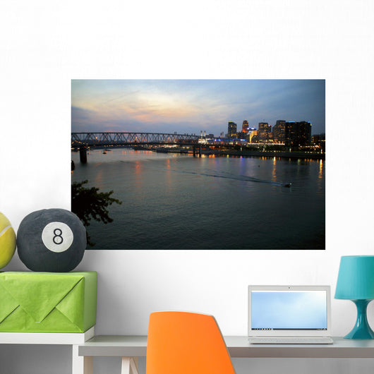 Cincinnati skyline from Newport, KY with riverboat at night. Wall Mural