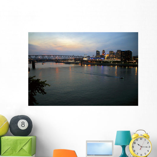 Cincinnati skyline from Newport, KY with riverboat at night. Wall Mural