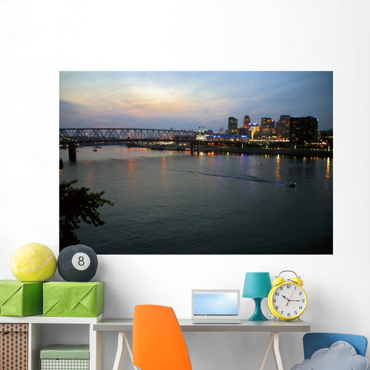 Cincinnati skyline from Newport, KY with riverboat at night. Wall Mural