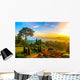 Beautiful garden of colorful flowers on hill with sunrise in the Wall Mural