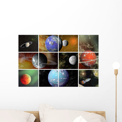 Astronomy Collage Outerspace Wall Mural shown on a wall