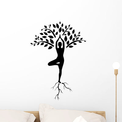 Yoga Tree Pose Silhouette Wall Decal shown on a wall