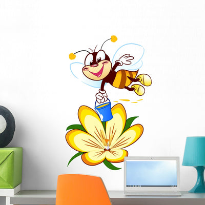 Cartoon Bee Flower Wall Decal shown on a wall