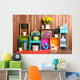 Beautiful colorful shelves with different home related objects Wall Mural