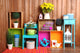 Beautiful colorful shelves with different home related objects Wall Mural