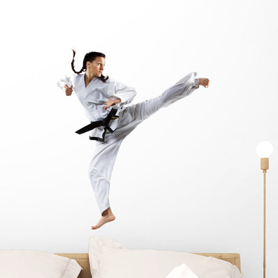 Female Karate Fighter Wall Decal shown on a wall