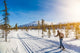 Cross-country skiing in Scandinavian winter landscape at sunset Wall Mural