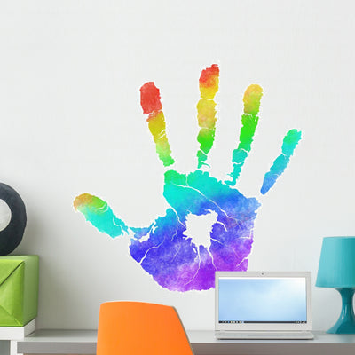 Rainbow Handprint Wall Decal shown on a wall