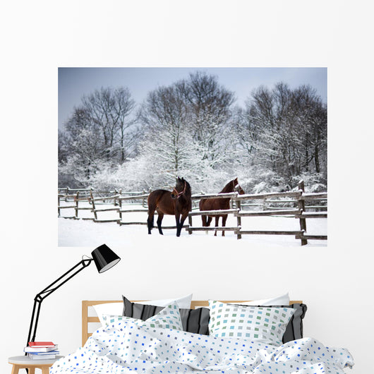 Chestnut horses winter Wall Mural