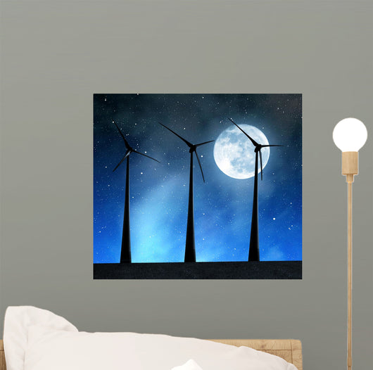 Wind turbines in the night sky with moon. Wall Mural
