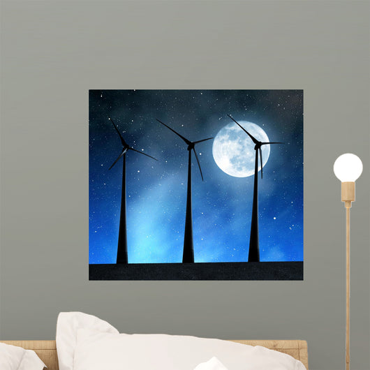 Wind turbines in the night sky with moon. Wall Mural