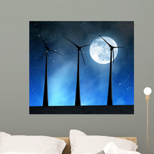 Wind turbines in the night sky with moon. Wall Mural