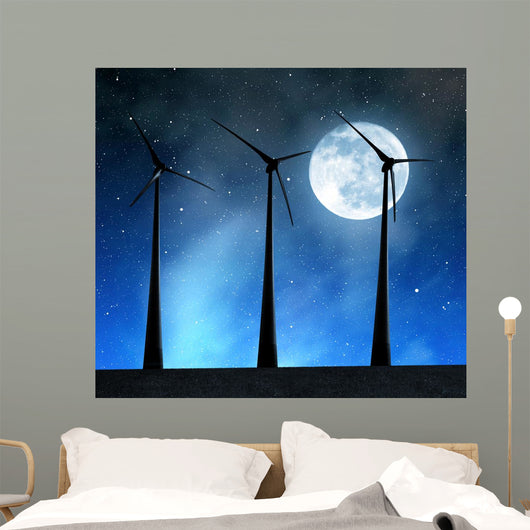 Wind turbines in the night sky with moon. Wall Mural