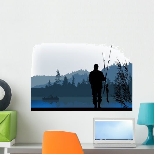 fisherman silhouette at morning Wall Mural