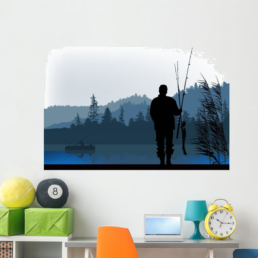 fisherman silhouette at morning Wall Mural