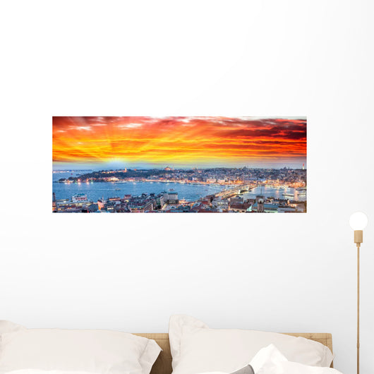 Wonderful panoramic view of Istanbul at dusk across Golden Horn Wall Mural