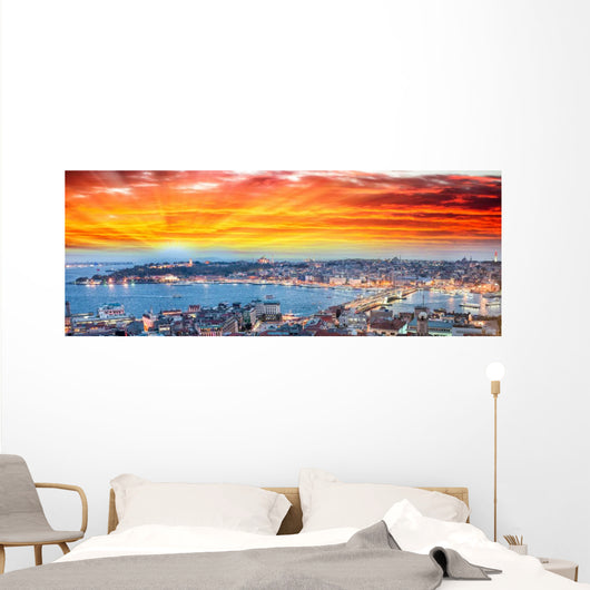 Wonderful panoramic view of Istanbul at dusk across Golden Horn Wall Mural