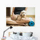 woman holding dog in yoga class Wall Mural