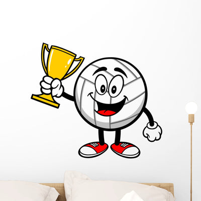 Volleyball Mascot with Trophy Wall Decal shown on a wall