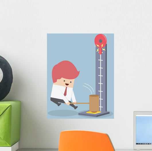 Businessman at a carnival hitting a strength tester with a hamme Wall Mural