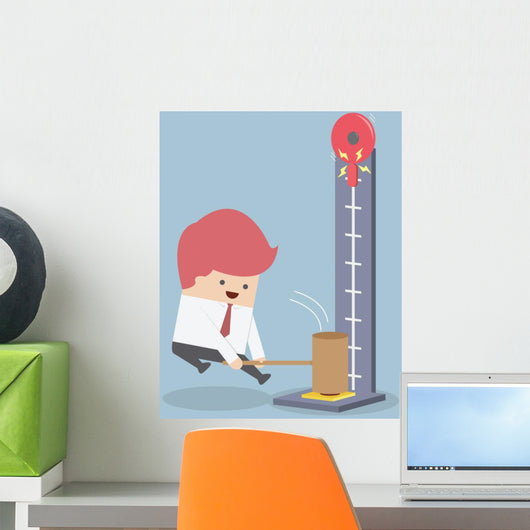 Businessman at a carnival hitting a strength tester with a hamme Wall Mural