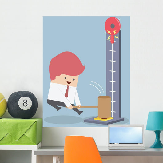 Businessman at a carnival hitting a strength tester with a hamme Wall Mural